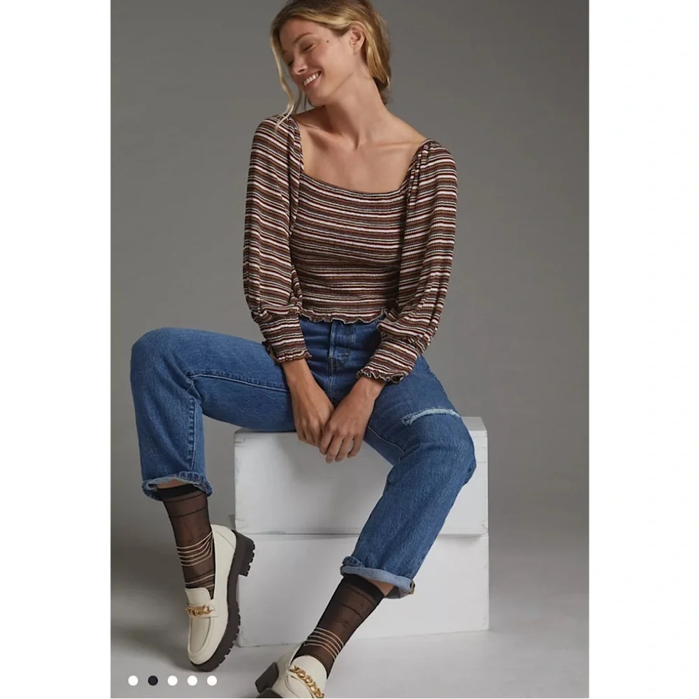 Anthropologie Smocked Puff Sleeved Top Women's Size L Striped Cropped Stretch